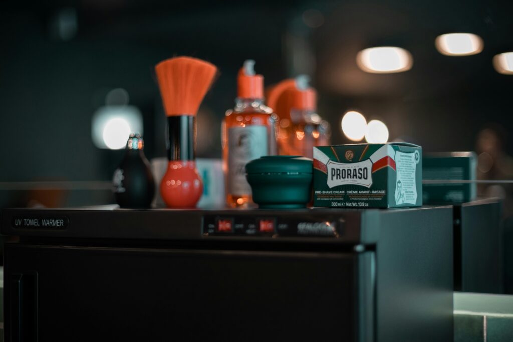 A modern barbershop setup featuring grooming products, captured indoors in Geneva.